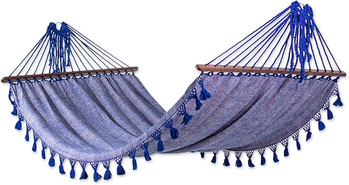 NOVICA Purple Cotton Fabric 1 Person Brazilian Style Hammock with Spreader Bars and Knotted Crochet Fringe, 'Take Me to The Stars' (Single)