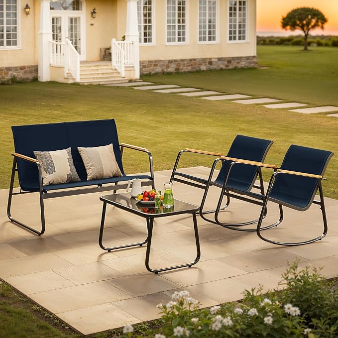 Ahomly 4-Piece Patio Furniture Set, Textilene Outdoor Conversation Set with 2 Rocking Chairs and Tempered Glass Coffee Table, for Lawn, Garden, Balcony, Poolside (Blue)