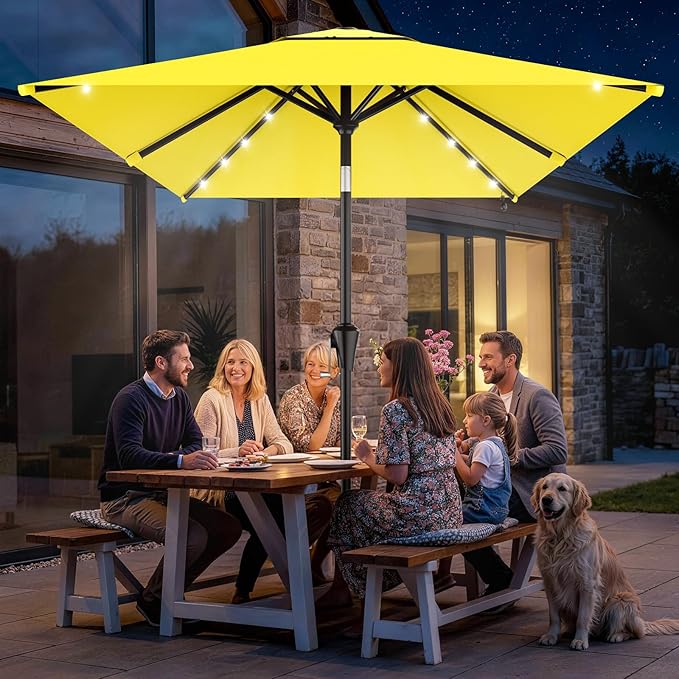 AreShark 6.5' x 10' Rectangular Patio Umbrella with Solar Lights, Solar Powered Lighted Market Umbrella w/Tilt and Crank, Outdoor Table Umbrella for Garden, Deck, Backyard, Pool and Beach, Yellow