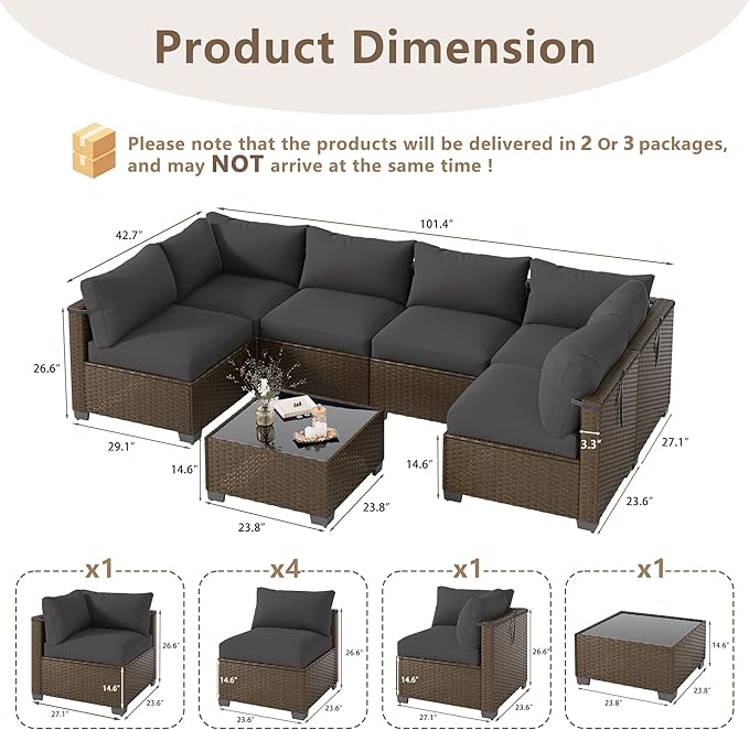 7 Piece Outdoor Patio Furniture Set, Rattan Chairs Glass Table Wicker Conversation Seating Sectional Sofa with Cushions (Brown-Dark Grey, 7Pcs-Straight Back)