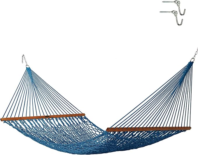 Original Pawleys Island Deluxe Coastal Blue DuraCord Rope Hammock – 13 ft. x 60 in., 2-Person, 450 lb Capacity, Oak Spreader Bar, Zinc-Plated Hardware, Handcrafted in the USA