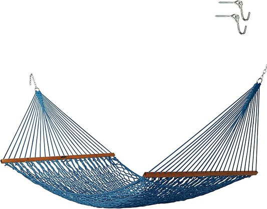 Original Pawleys Island Deluxe Coastal Blue DuraCord Rope Hammock – 13 ft. x 60 in., 2-Person, 450 lb Capacity, Oak Spreader Bar, Zinc-Plated Hardware, Handcrafted in the USA