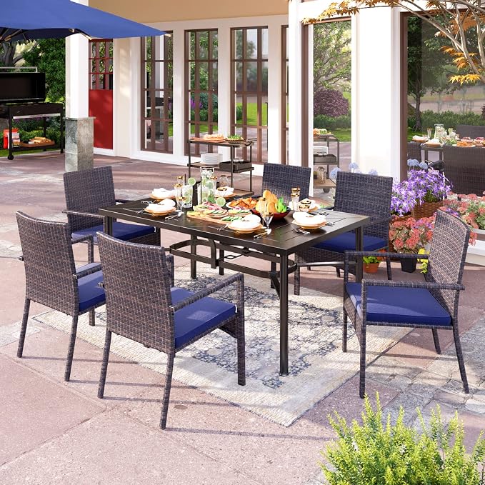 PHI VILLA 7 Piece Patio Dining Set, 64” Rectangular Table, Rattan Chairs | Outdoor Dining Set for 6, Metal Dining Table with Umbrella Hole, Rattan Wicker Chairs with Cushions for Patio, Deck, Porch