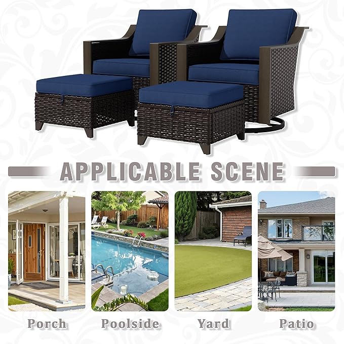 4 Piece Wicker Patio Conversation Set, All-Weather Use Outdoor 2 PE Rattan Swivel Chair, 2 Ottoman, Removable Water-Resistant Cushion, Ideal for Porch, Backyard, Balcony, Poolside, Blue