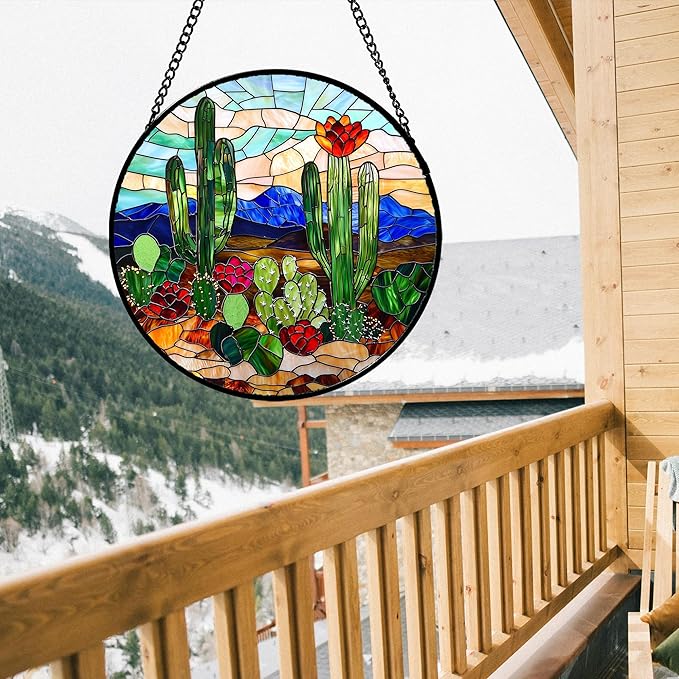 DASTOLL Stained Glass Window Hanging, Green Cactus Suncatcher for Doors Window Home Plant Landscape Sun Catchers Decoration Mother's Day Birthday Gifts for Women, Men, and Mom 9.8 in