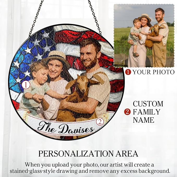 Personalized 4th of July Stained Glass Window Hanging Suncatcher, Custom Military Family - 4th of July Patriotic Family Photo Window Decor, Memorial Keepsake Gift (4th of July)