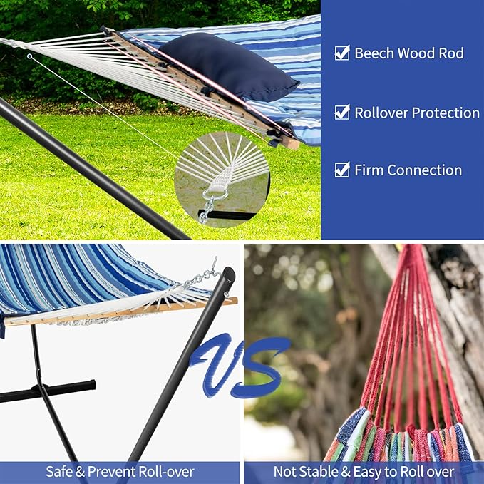 Tangkula Double Hammock with Stand, 2 Person 12Ft Steel Hammock Stand with Cotton Hammock, Pillow, Cup Holder, Carry Bag, Indoor Outdoor Hammock Combo for Backyard, Patio, Porch