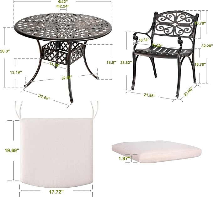 NUU GARDEN 5 Piece Cast Aluminum Outdoor Patio Dining Set, Round Patio Dining Table with 2.24" Umbrella Hole and 4 Patio Dining Chairs with Cushions for Garden, Balcony, Bronze and Beige