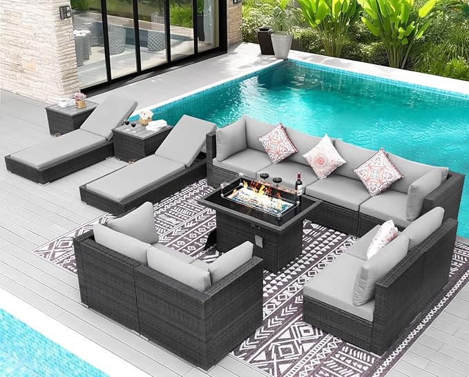 NICESOUL 13 Piece Outdoor Seating with Fire Pit Table, High-End Wicker Patio Furniture Set with Chaise Lounge, Comfy 29.3'' High Back Deep Sectional Sofa, All-Weather Backyard Sitting Area, Light Grey