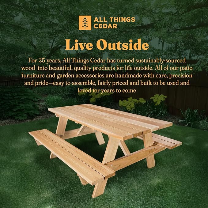 All Things Cedar 6-Ft Outdoor Picnic Table, Handcrafted Wooden Patio Bench Set, Rustic Cedar