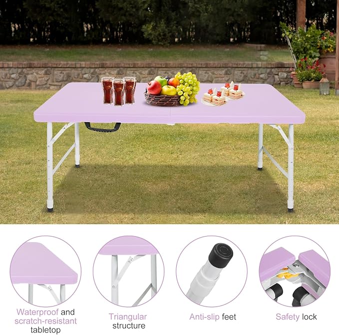 Portable 4Ft Folding Table, Heavy Duty Plastic Fold-in-Half Utility Foldable Table, Adjustable Height Plastic Folding Table with Carrying Handle for Camping &Party Indoor/Outdoor(Light Purple)