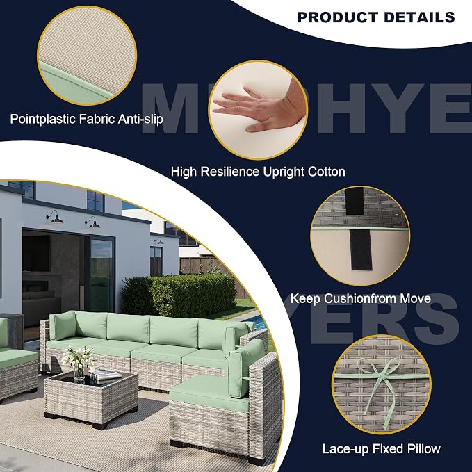 15-Piece Outdoor Patio Furniture Set with 55,000 BTU Fire Pit Table, PE Wicker Rattan Sectional Sofa Conversation Set - All-Weather Garden, Backyard Furniture, Light Green