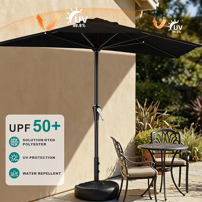 AreShark 9FT Half Patio Umbrella, Outdoor Wall Umbrella with Crank & 5 Sturdy Ribs, Table 1/2 Umbrella Patio for Garden, Deck, Balcony and Pool, Black