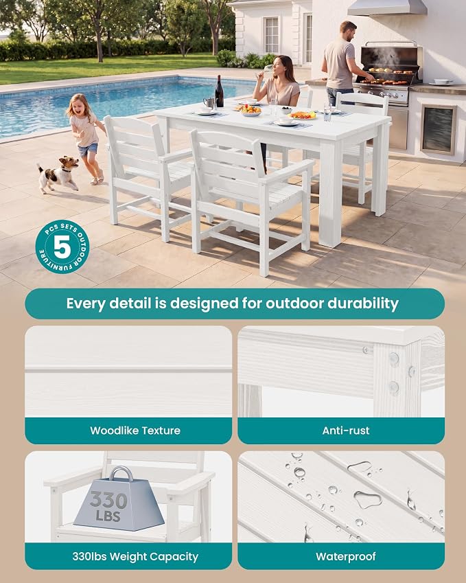 SERWALL 59" HDPE Patio Dining Set for 4, w/ 1 Table & 4 Armchairs, White | All Weather Resistant HDPE Dining Sets for Patio, Garden, Backyard