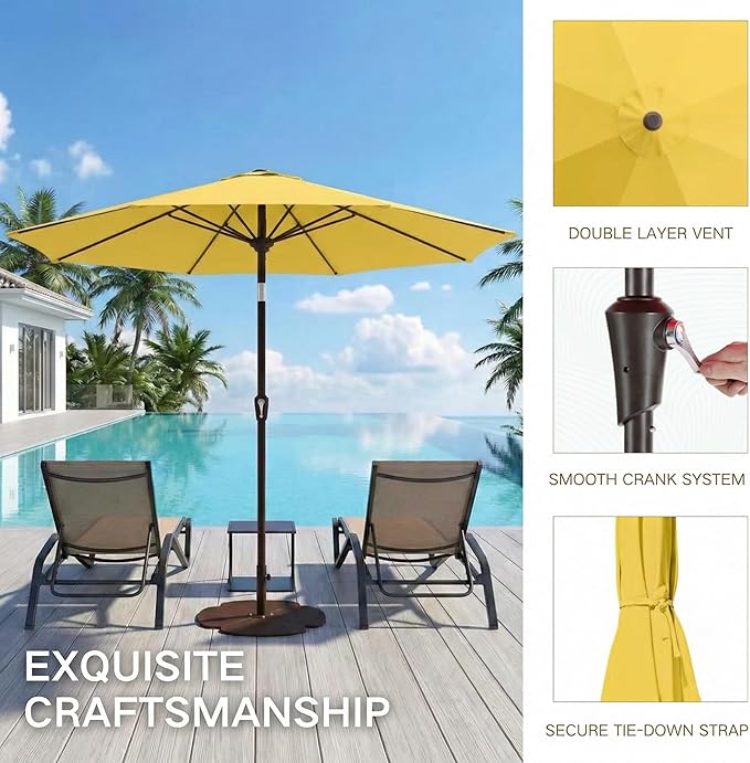 Kingdura 9FT Outdoor Patio Umbrella, Market Table Umbrella with Push Button Tilt and Crank, 8 Sturdy Fiberglass Ribs, UV Protection for Pool, Lawn, Deck, Backyard, Garden (Yellow)