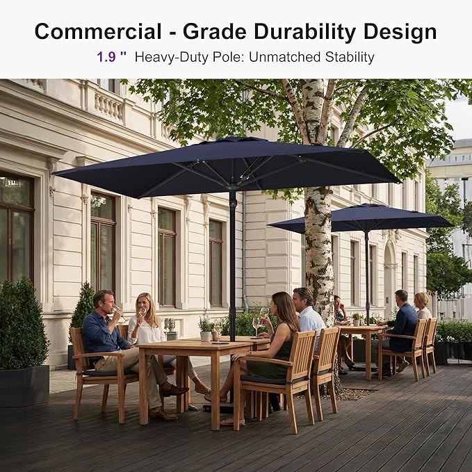 PURPLE LEAF 8' x 5' Rectangular Semi-Auto Outdoor Patio Umbrella Aluminium Market Umbrella Table Sun Umbrella with 1.89" Rod and 6 Sturdy Ribs for Deck Lawn Pool Garden, Navy Blue
