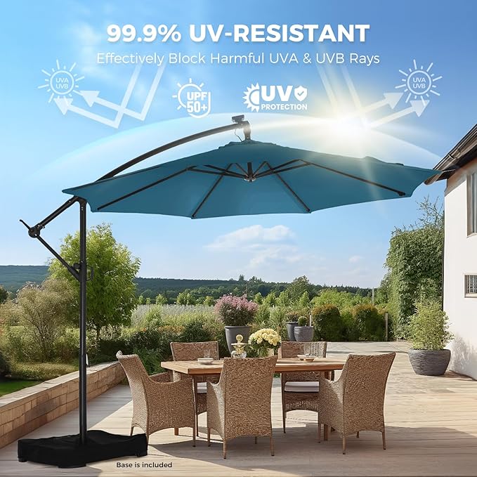 HOMSHADE 10ft Solar Lights Offset Cantilever Patio Umbrella - with Light and Base, LED Lighted Offset Hanging Patio Outdoor Market Umbrella UPF50+ UV Protection with Easy Tilt and Crank (Peacock Blue)