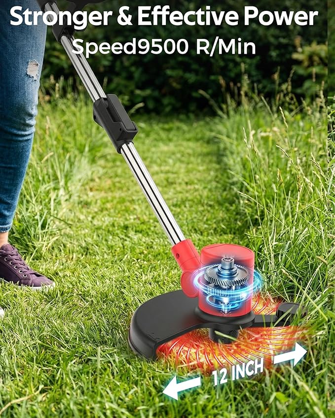 Cordless Weed Wacker 21V, Electric Weed Eater Battery Powered with Wheels & Brush Cutter, Auto Feed String Trimmer & Lawn Edger, Includes 2x2.0Ah Batteries & Charger, Lightweight for Garden Yard