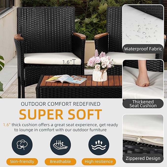 SUNLEI Multi Pieces Outdoor Patio Furniture Sets Conversation Sets Rattan Chair Wicker Set,Glass Table,Outdoor Indoor Use Backyard Porch Garden Poolside (Black, 4 PCS-White/Wood Tabletop)…