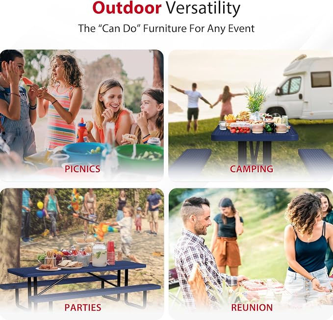 Leisure Craft Metal Picnic Table with Bench - 8 ft Rectangle Outdoor Dining Table for 8, Umbrella Hole, Weatherproof Heavy Duty Thermoplastic Coating, Commercial Grade Furniture Made in USA - Navy