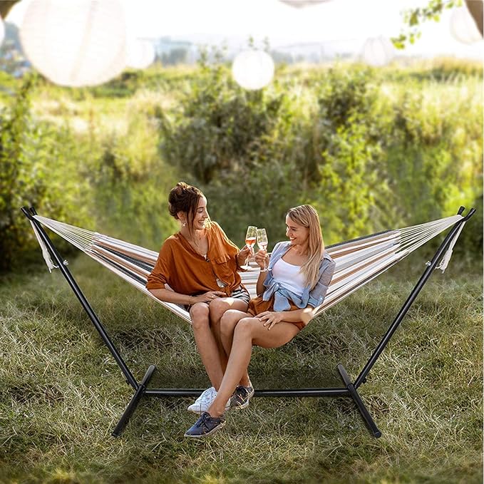 Swing Hammock with Double Space Saving Steel Stand, 2-Person Hammock with Portable Carrying Bag for Garden Yard Porch Patio & Indoor,Capacity 450 Pounds,US Shipping, 102.4x42.1x39.4 In