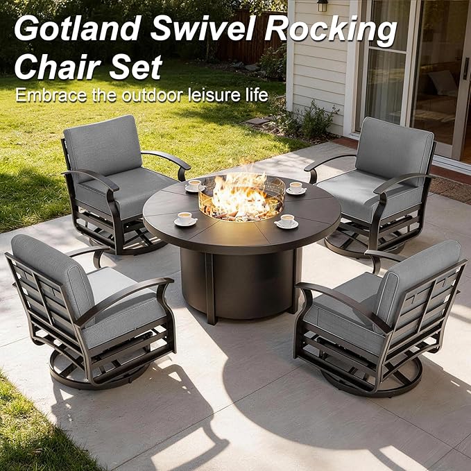 Gotland Outdoor Furniture, Metal Outdoor Swivel Chair with 5.1’’ High-Resilience Seat Cushions 6.2’’ Thick Back Pillow 29.5’’ Deep Seat Removable Cushions, Patio Furniture for Lawn, Porch