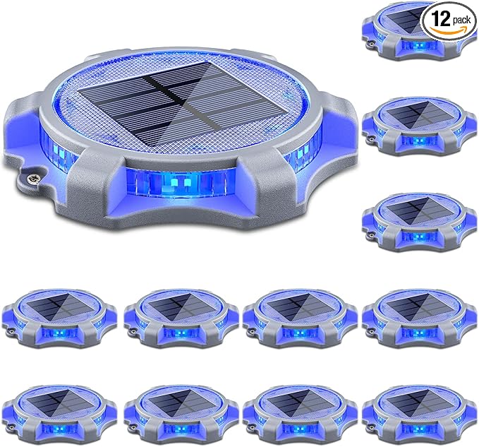 SIEDiNLAR Solar Deck Lights Outdoor 2 Modes LED Driveway Markers Dock Light Waterproof for Step Walkway Ground Stair Pathway Yard Road Garden 12 Pack (Blue/Red)