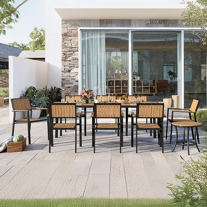 10-Piece Patio Dining Set, Outdoor Weather-Resistant Plastic-Wood Table & 8 Stackable Chairs, Outdoor Durable Aluminum Frame Furniture for Garden, Poolside, Backyard