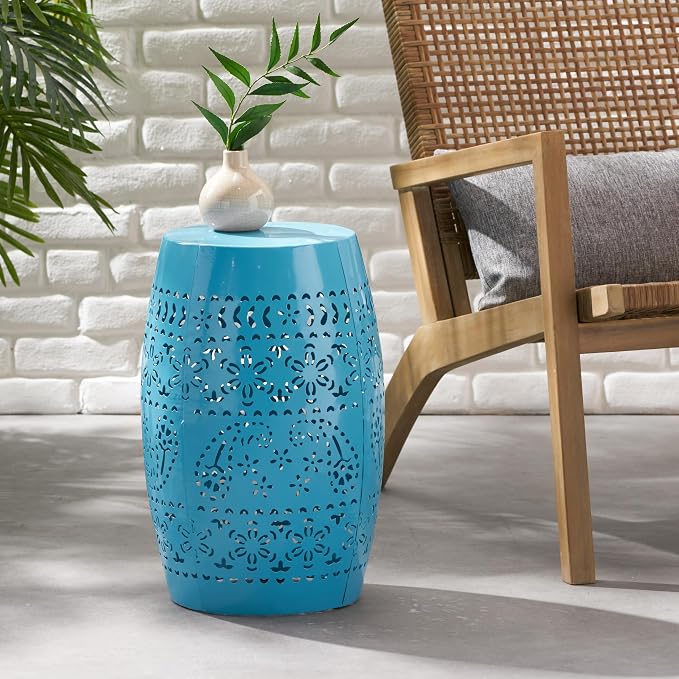 12" Outdoor Side Table, Metal Cutout Drum Side Table, Patio Garden Stool | Coffee End Tables for Small Spaces, Living Room, Backyard, Poolside