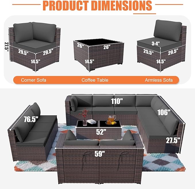 ALAULM 14 Pieces Patio Furniture Set Wicker Patio Conversation Set, Outdoor Sectional Furniture w/Coffee Table & Washable Seat Cushions-Grey