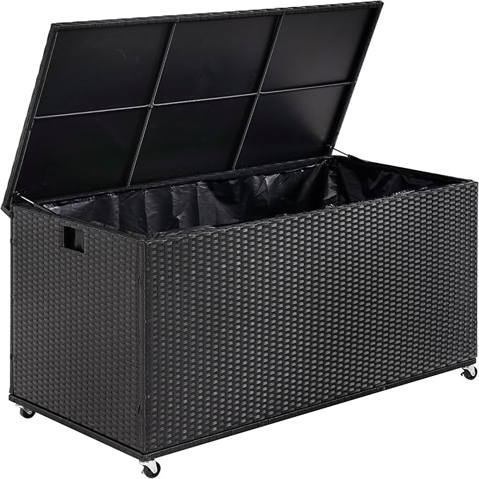 Outdoor 170 Gallon Water-Resistant Wicker Storage Box with Wheels, PE Rattan Deck Box with Waterproof Liner for Outside, Patio Storage Container with Hinged Lid, Horizontal Bin, Black