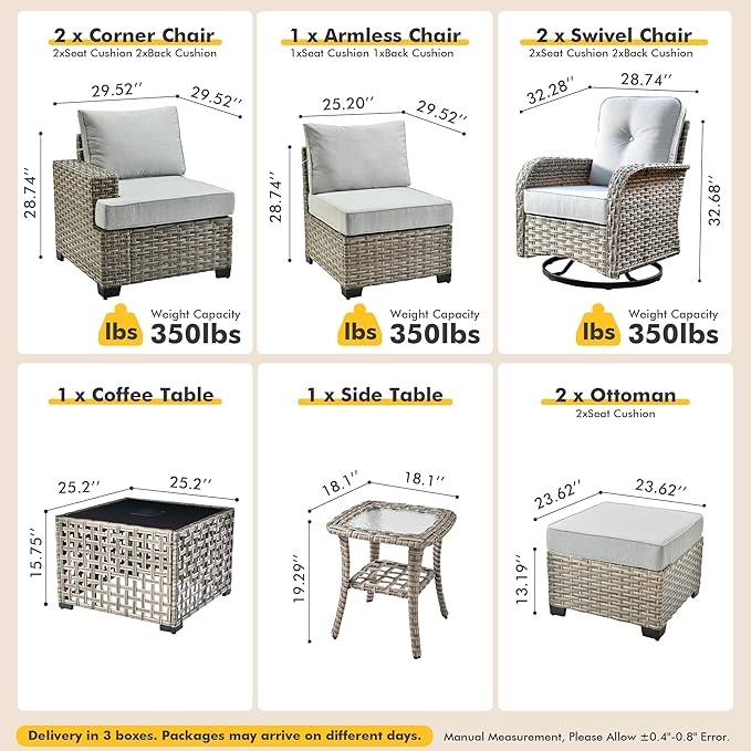 9 Pcs Outdoor Sectional Patio Furniture Set with Swivel Rocking Chair and Ottomans - All Weather Wicker Outside Sectional Couch,Patio Seating Outdoor Conversation Sets for Deck Yard Garden,Grey