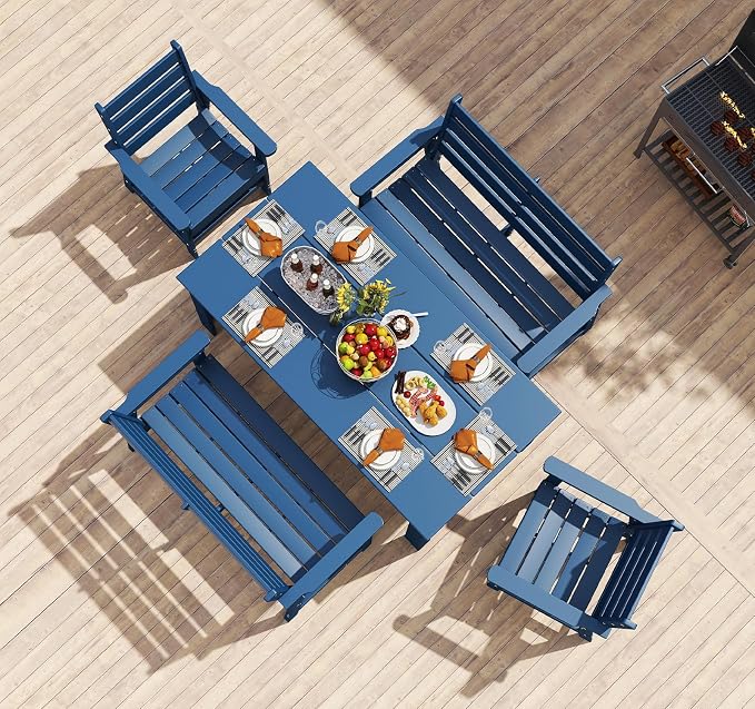 BRIOPAWS Outdoor-Dining-Table-Set | 5 Piece | HDPE | 2 Benches and 2 Chairs Sets for 6 | Patio Dinner Furniture | All Weather | Umbrella Hole | for Poolside Deck Backyard Outdoors | Blue