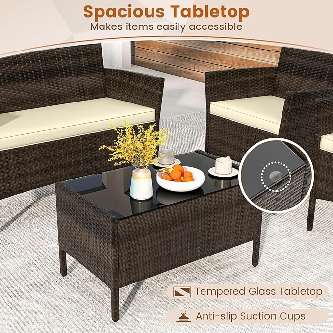 DORTALA 4-Piece Rattan Patio Furniture Set, Outdoor Table & Chair Set with Tempered Glass Coffee Table, Cushion, Wicker Conversation Set for Garden, Lawn, Poolside and Backyard, Beige