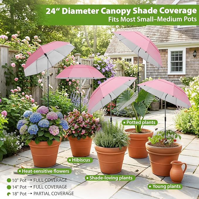 Plant Umbrellas, 5Pack 360°Adjustable Garden Umbrella for Outdoor Plants,24” Large Sun Shade for Garden Beds Potted Plants, 47.8" High Plant Shade Cover Umbrellas for Sun-Sensitive Plants