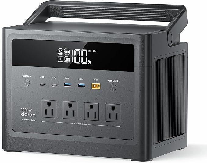 DaranEner 576Wh Solar Generator 1000W, Portable Power Station with 100W USB-C PD Output, 110V Pure Sine Wave AC Outlet Backup LiFePO4 Battery for Outdoors Camping, Home, Emergency, RVs (Peak 2000W)
