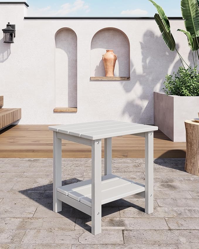 Takywep Adirondack Outdoor Side Table 18 x 15 in, HDPE 2-Tier Patio Side Table, All-Weather End Table for Patio, Pool Deck, Indoor & Backyard, Gray