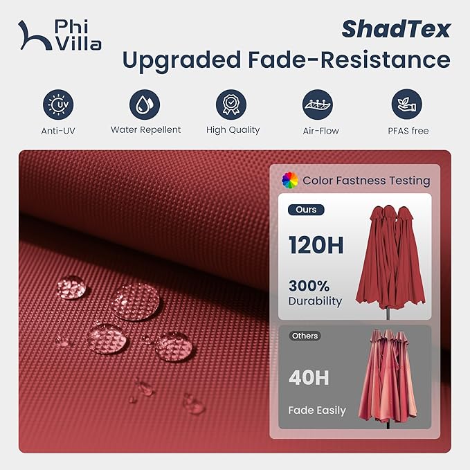 PHI VILLA 15ft Large Patio Umbrellas with 36 LED Solar Lights, Double-Sided Outdoor Market Rectangle Umbrellas, Base (Stand) Included, Dark Red