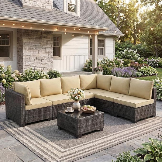 ANJ 7 Piece Outdoor Wicker Patio Furniture Set, Modular Loveseat Sofa with with Glass Top Coffee Table, All-Weather Rattan Conversation Couch Set for Balcony, Backyard, Dark Brown Wicker-Camel