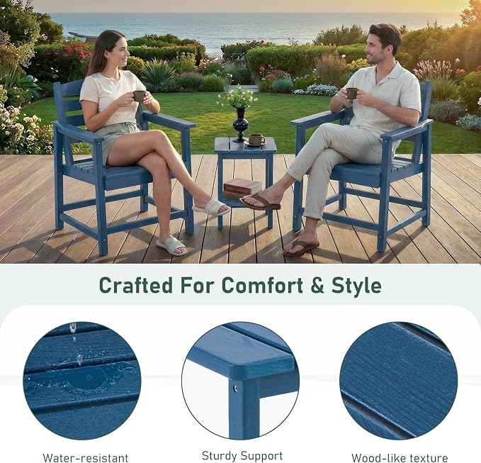 Furnimart 3-Piece Patio Bistro Set, HDPE Outdoor Chairs Set of 2 and Side Table, All-Weather Outdoor Furniture Set, Modern Conversation Sets with Coffee Table for Garden, Balcony, Porch, Blue