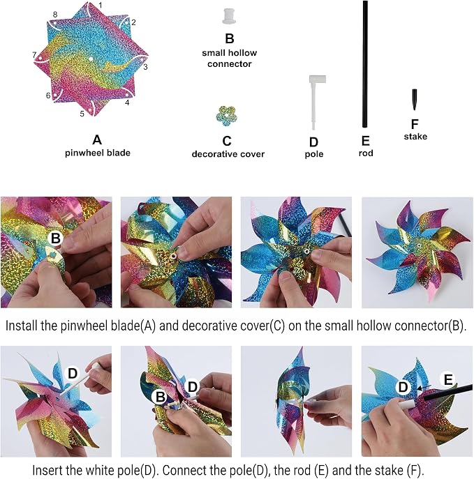 Hausse 10 Pack Reflective Pinwheels Wind Spinner (Assembly Required), Extra Sparkly Rainbow Pinwheel with Stakes, Bird Repellent Blinder Devices Scare Birds Away from Yard Patio Farm Garden, Colorful