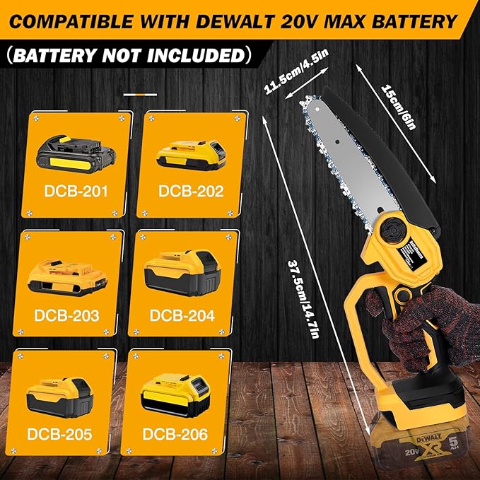 bellaDimora Cordless 6-Inch Mini Chainsaw for DeWalt 20V MAX Battery, Pure Copper Motor 17000 RPM, One-Handed, Cuts 6-Inch Branches, Dual Safety - Tree Trimming & Yard (No Battery)