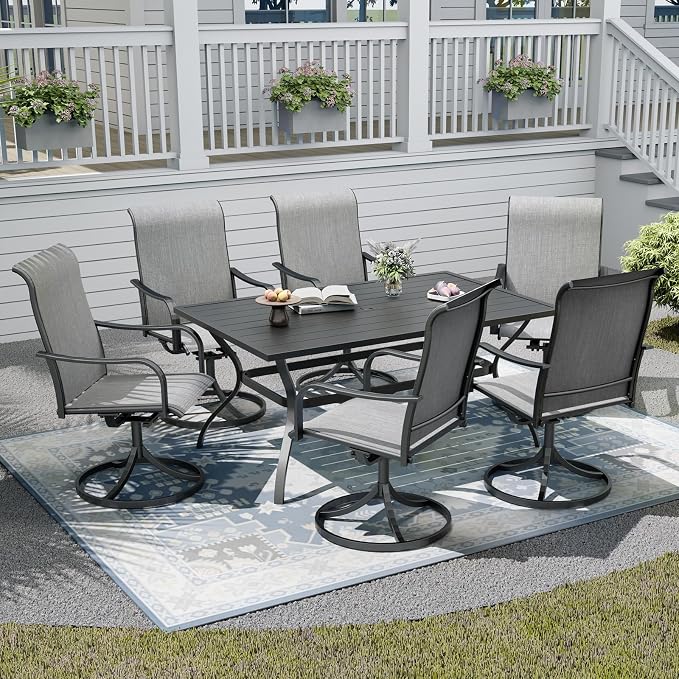 Patio Dining Set,Including 60"x 38" Steel Slat Dining Table and 6 Swivel Patio Chairs,Outdoor Furniture Set with 1.6" Umbrella Hole for All Weather