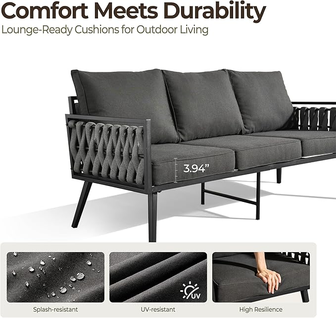 Outdoor Patio Furniture Set, 6-Piece Metal Conversation Furniture Sofa with Coffee Table, All Weather Patio Couch Sofa with Thick Cushions for Balcony Backyard,Black