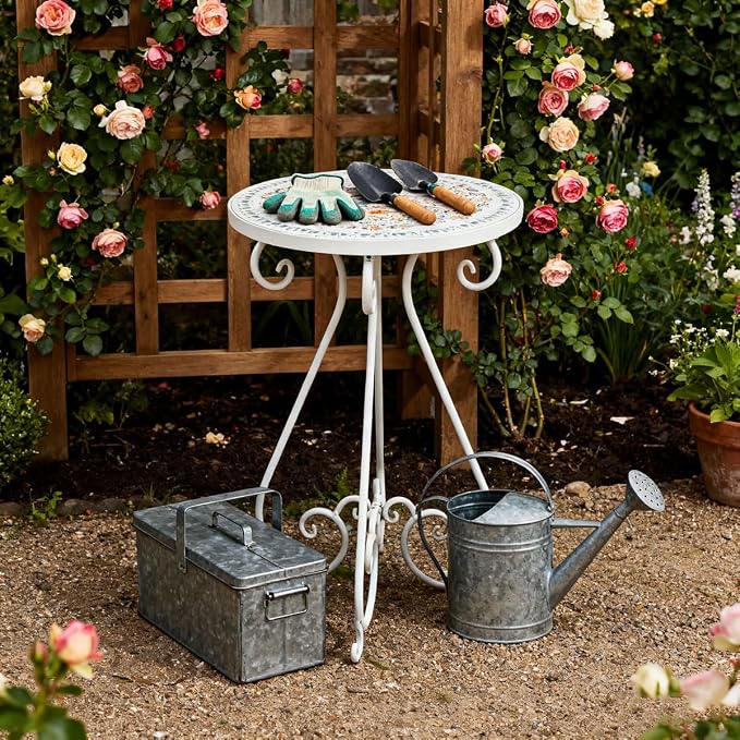 Vintage Outdoor Side Table Round Mosaic Ceramic Tile Top 14" Diameter Metal Plant Stand for Flower Pots Vase Garden Home Porch Pool Indoor Decor Weather Resistant Outside Patio Accent End Furniture