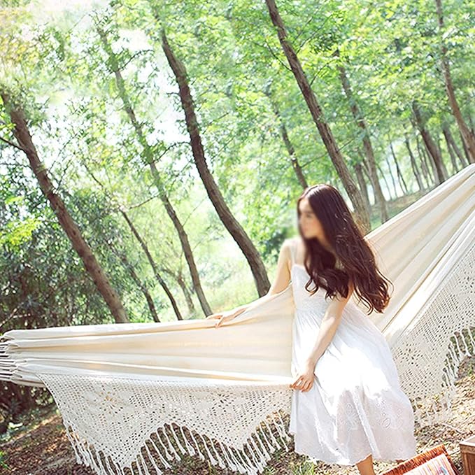 RUVOO Hammock Camping Hammock Swinging Hammock Fringed White Canvas Fabric Portable Hammock for Camping Outdoors Or Gardens and Travel Hammocks for Outside