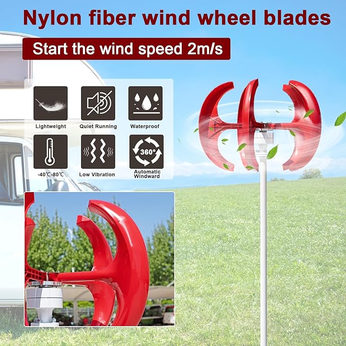 1000W Wind Turbine Generator, 12V/24V Vertical Wind Power Generator for Home Use with 5 Nylon Blades, Low Noise & High Efficiency Red
