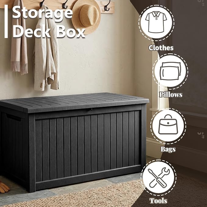 260 Gallon Outdoor Deck Storage Box, Heavy Duty All Weather Vertical Wood Grain Lockable Storage Container for Backyard, Poolside & Large Patio Outdoor Supplies (Black,260GAL)