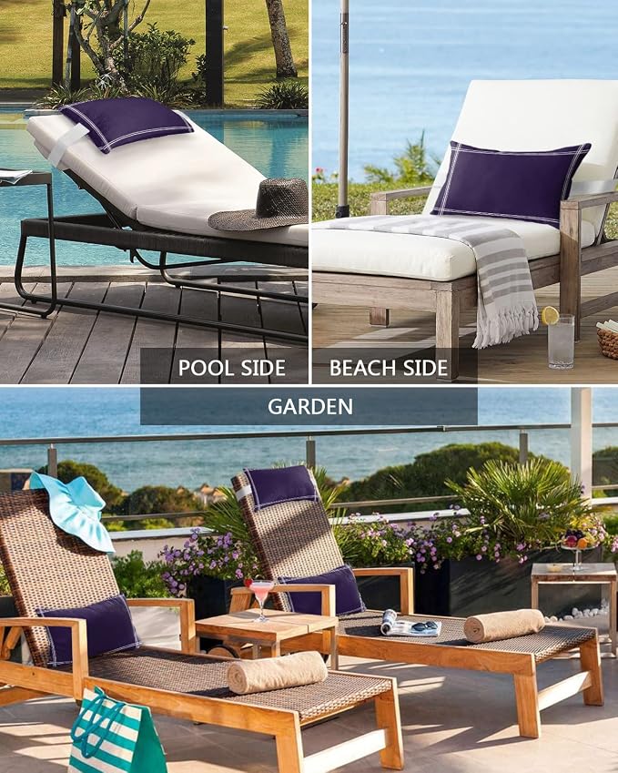 Outdoor Pillows Covers with Inserts Solid Color Dark Purple Waterproof Recliner Pillow with Adjustable Strap Throw Pillows for Patio Furniture Pool Lounge Chair, 11x16 inch, 1PCS