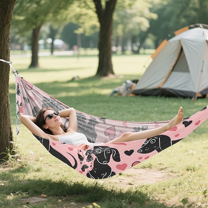 Portable Single Hammock Black Dachshund Dogs and Love Heart Garden Yard Outdoor Hammocks